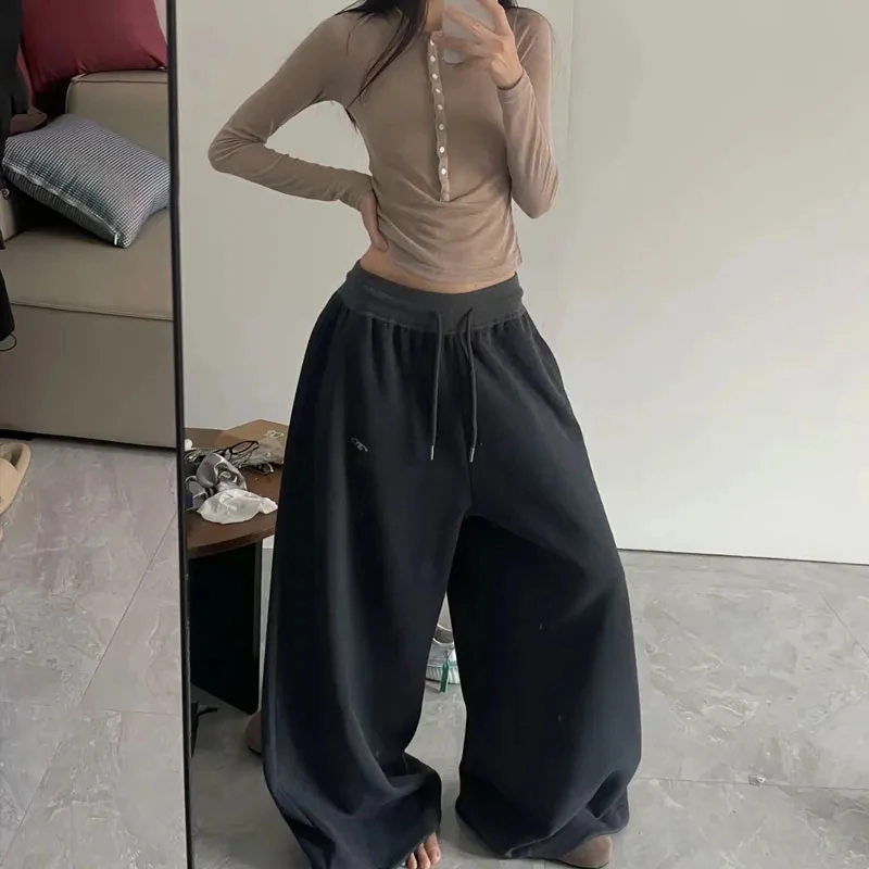 Y2K Vintage Baggy Sweatpants Women Autumn New Korean Loose Wide Leg Pants Streetwear Casual Zipper Fly Female Trousers 2024 New