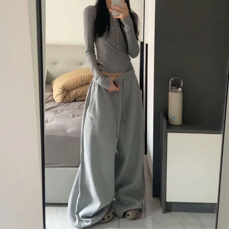 Y2K Vintage Baggy Sweatpants Women Autumn New Korean Loose Wide Leg Pants Streetwear Casual Zipper Fly Female Trousers 2024 New