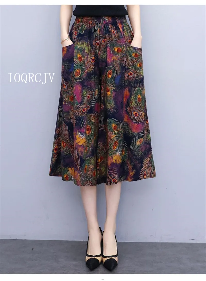 Hot New Summer Wide Leg Pants Women Ethnic Style Elastic High Waist Print Pants Female Casual Summer Calf-Length Pants Skirts