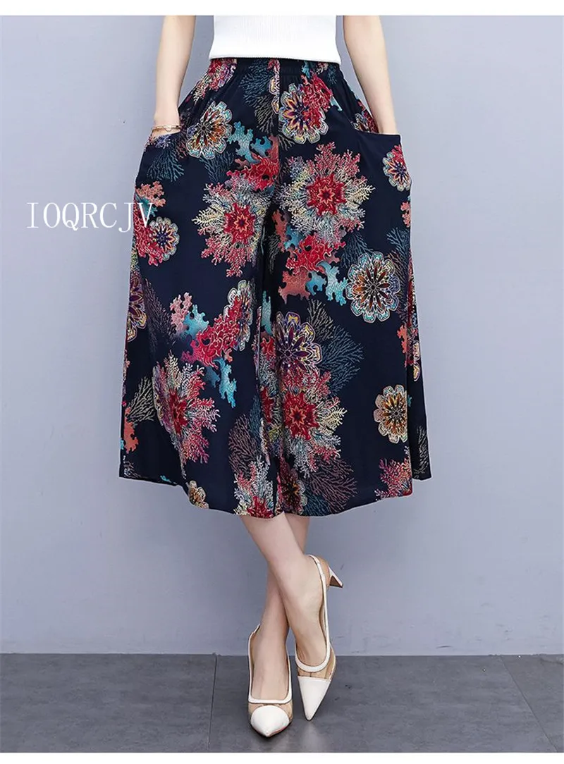 Hot New Summer Wide Leg Pants Women Ethnic Style Elastic High Waist Print Pants Female Casual Summer Calf-Length Pants Skirts