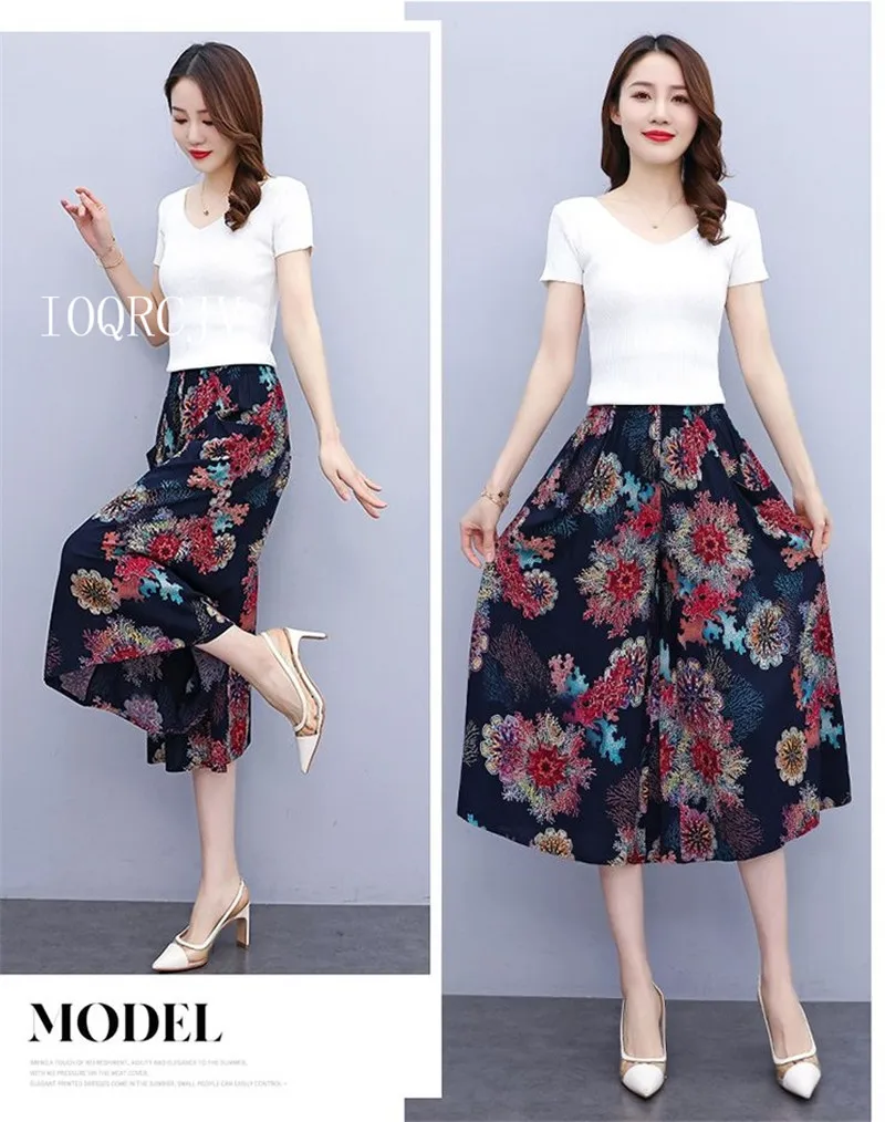 Hot New Summer Wide Leg Pants Women Ethnic Style Elastic High Waist Print Pants Female Casual Summer Calf-Length Pants Skirts