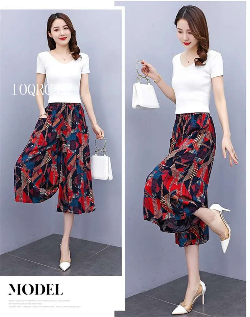 Hot New Summer Wide Leg Pants Women Ethnic Style Elastic High Waist Print Pants Female Casual Summer Calf-Length Pants Skirts