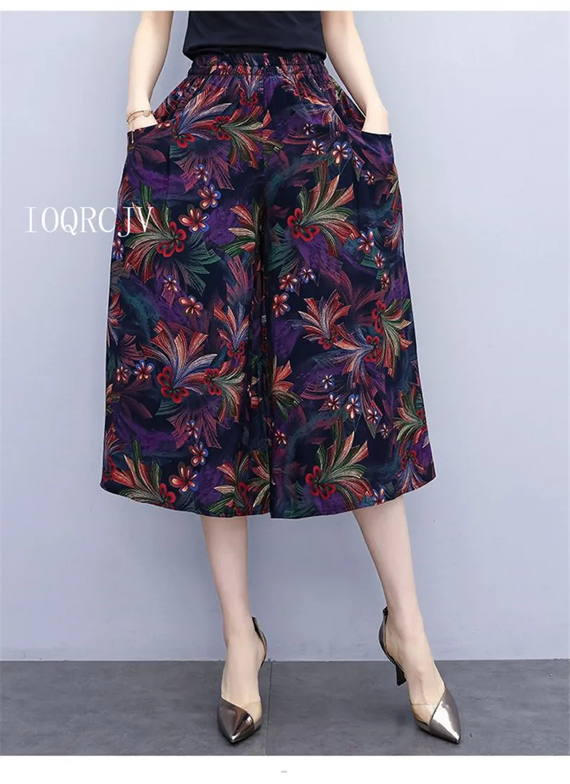 Hot New Summer Wide Leg Pants Women Ethnic Style Elastic High Waist Print Pants Female Casual Summer Calf-Length Pants Skirts