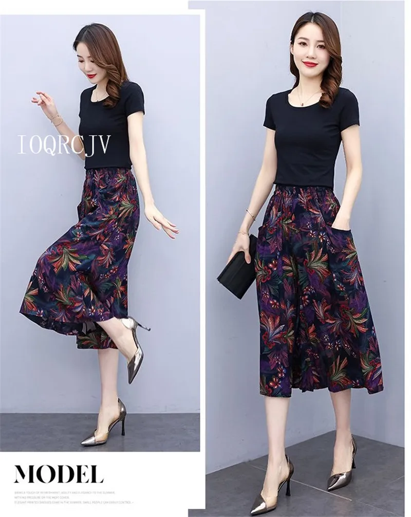 Hot New Summer Wide Leg Pants Women Ethnic Style Elastic High Waist Print Pants Female Casual Summer Calf-Length Pants Skirts