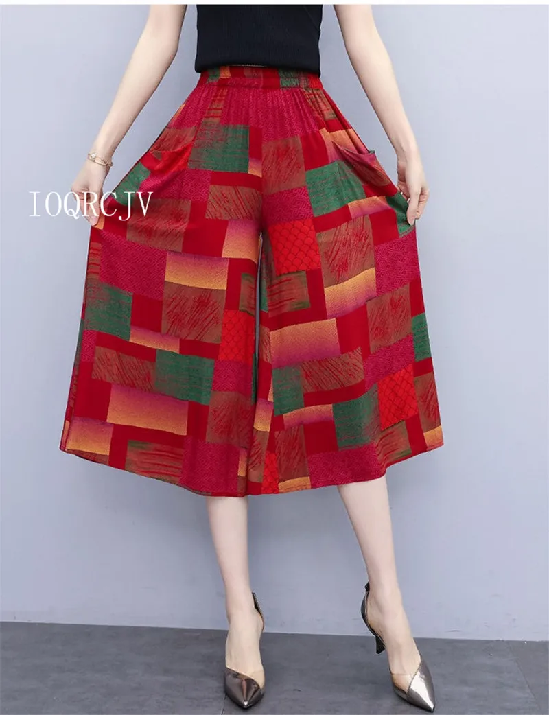 Hot New Summer Wide Leg Pants Women Ethnic Style Elastic High Waist Print Pants Female Casual Summer Calf-Length Pants Skirts