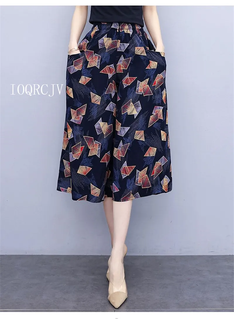 Hot New Summer Wide Leg Pants Women Ethnic Style Elastic High Waist Print Pants Female Casual Summer Calf-Length Pants Skirts