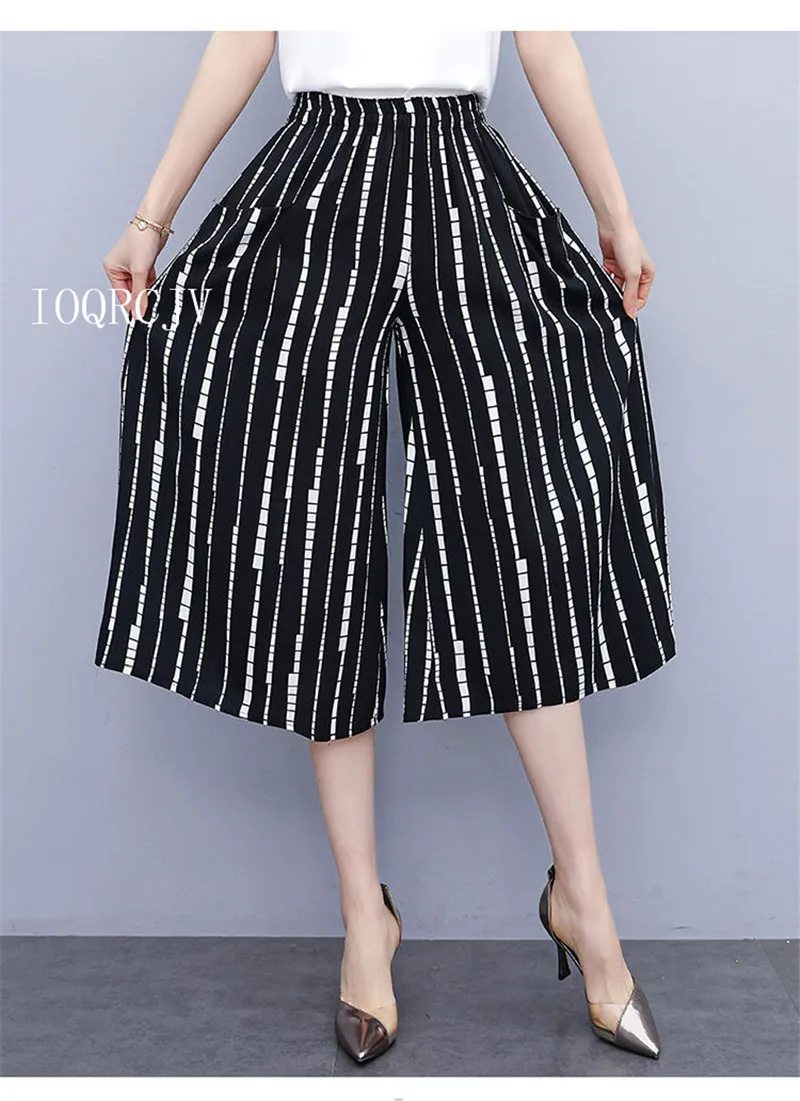 Hot New Summer Wide Leg Pants Women Ethnic Style Elastic High Waist Print Pants Female Casual Summer Calf-Length Pants Skirts