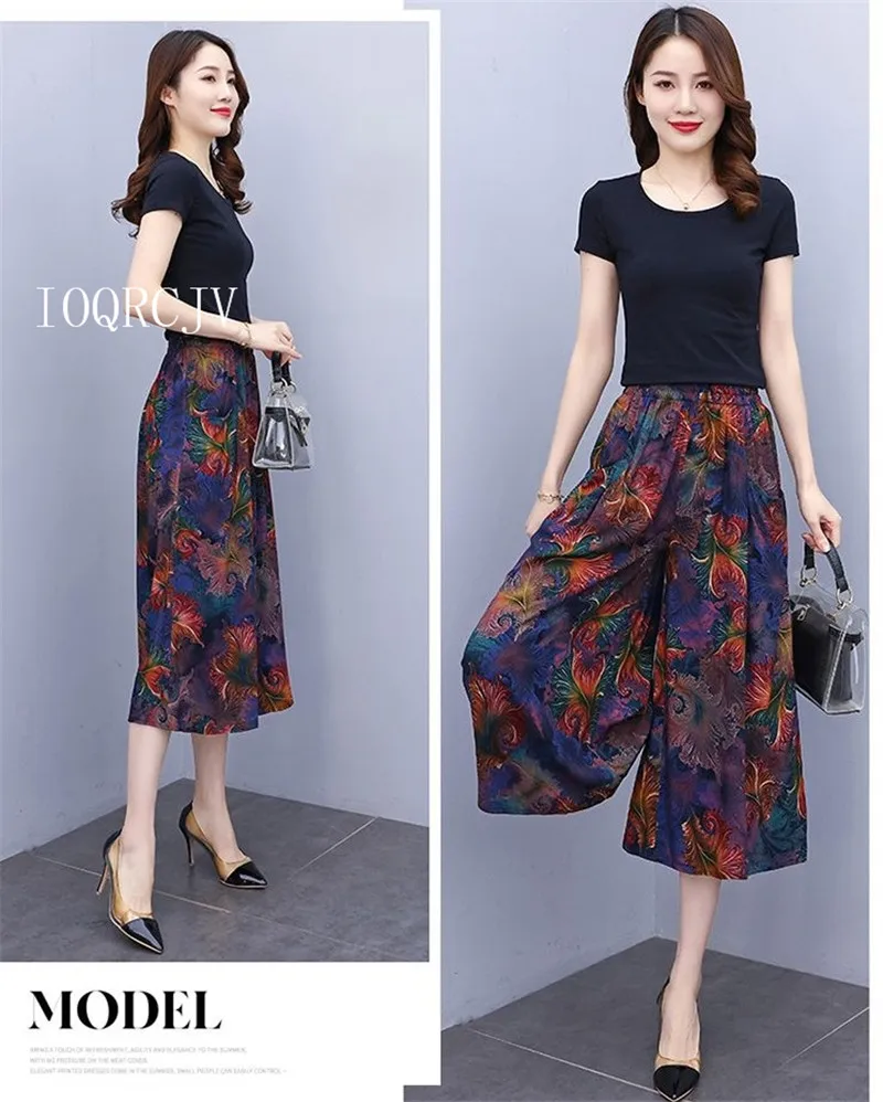 Hot New Summer Wide Leg Pants Women Ethnic Style Elastic High Waist Print Pants Female Casual Summer Calf-Length Pants Skirts