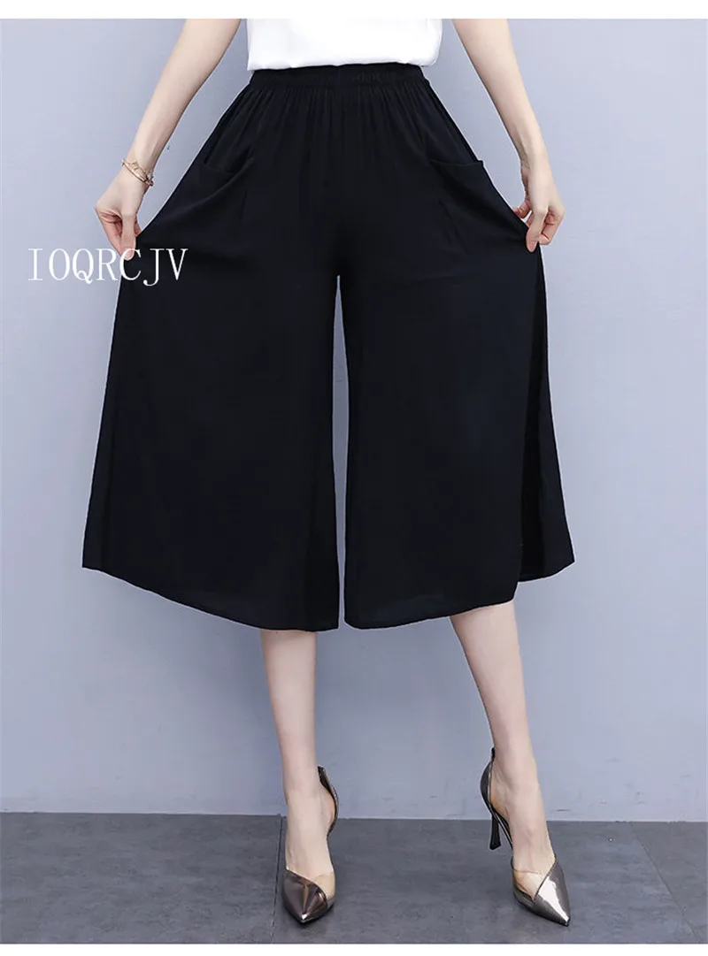 Hot New Summer Wide Leg Pants Women Ethnic Style Elastic High Waist Print Pants Female Casual Summer Calf-Length Pants Skirts