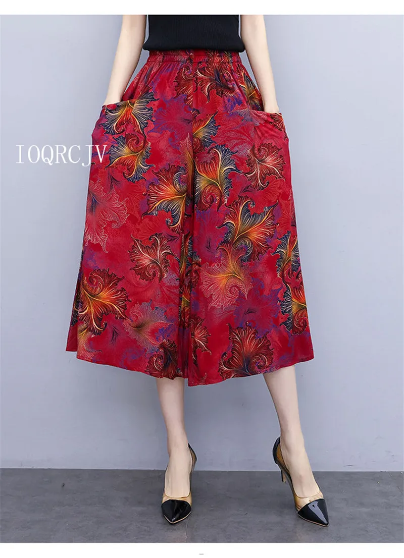 Hot New Summer Wide Leg Pants Women Ethnic Style Elastic High Waist Print Pants Female Casual Summer Calf-Length Pants Skirts