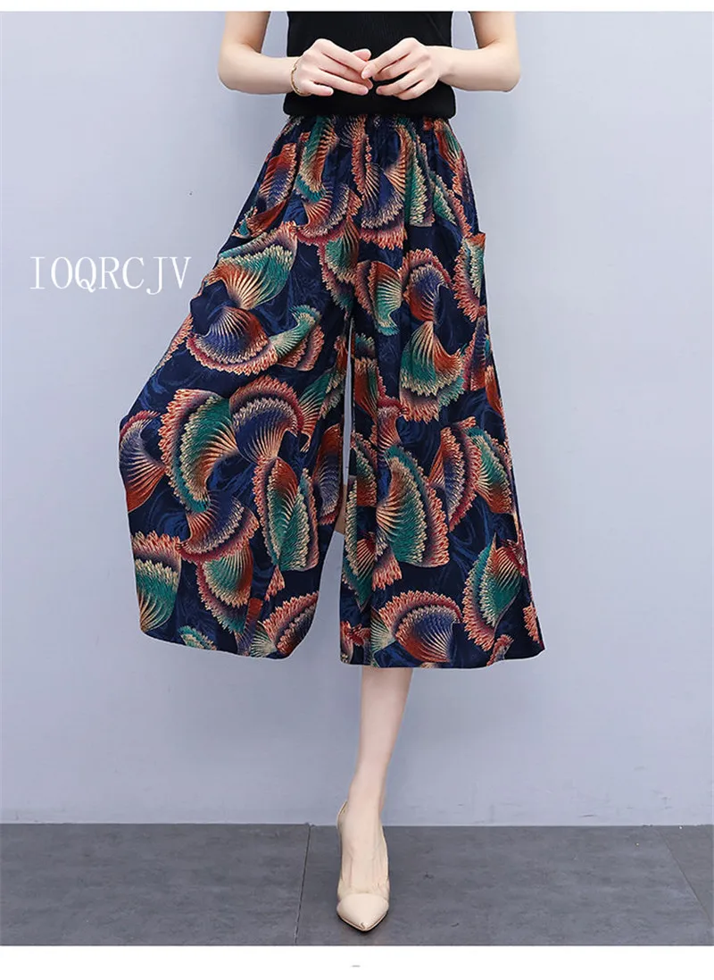 Hot New Summer Wide Leg Pants Women Ethnic Style Elastic High Waist Print Pants Female Casual Summer Calf-Length Pants Skirts