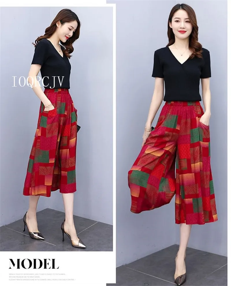 Hot New Summer Wide Leg Pants Women Ethnic Style Elastic High Waist Print Pants Female Casual Summer Calf-Length Pants Skirts