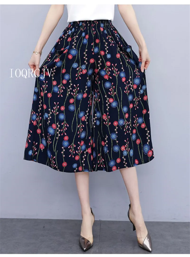 Hot New Summer Wide Leg Pants Women Ethnic Style Elastic High Waist Print Pants Female Casual Summer Calf-Length Pants Skirts