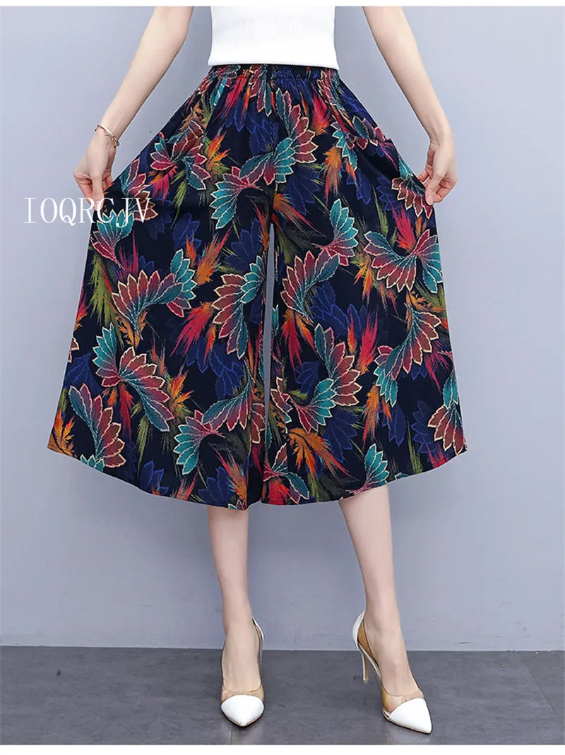 Hot New Summer Wide Leg Pants Women Ethnic Style Elastic High Waist Print Pants Female Casual Summer Calf-Length Pants Skirts