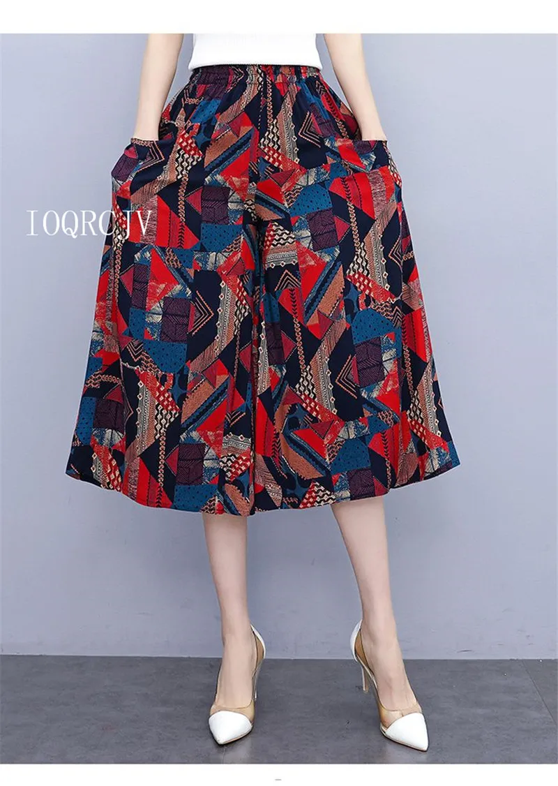 Hot New Summer Wide Leg Pants Women Ethnic Style Elastic High Waist Print Pants Female Casual Summer Calf-Length Pants Skirts