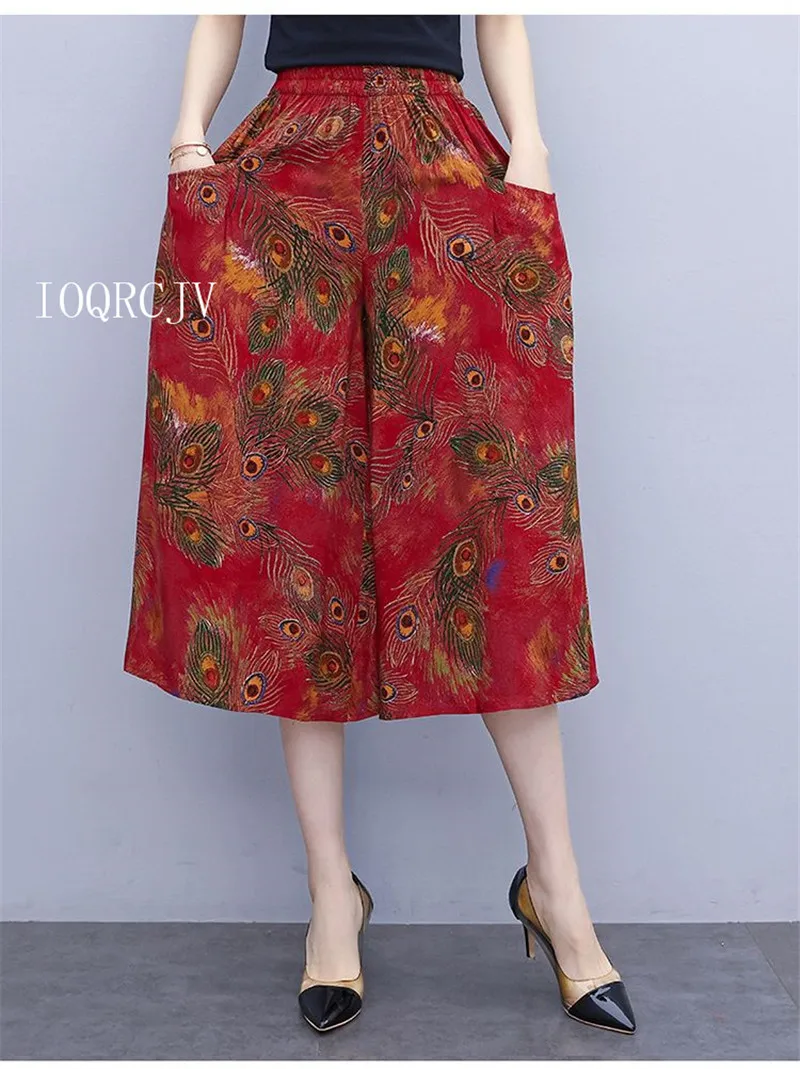 Hot New Summer Wide Leg Pants Women Ethnic Style Elastic High Waist Print Pants Female Casual Summer Calf-Length Pants Skirts