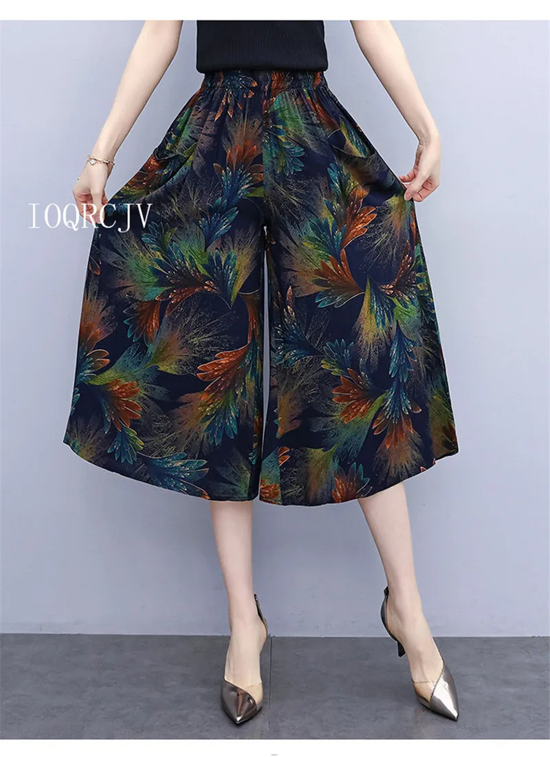 Hot New Summer Wide Leg Pants Women Ethnic Style Elastic High Waist Print Pants Female Casual Summer Calf-Length Pants Skirts