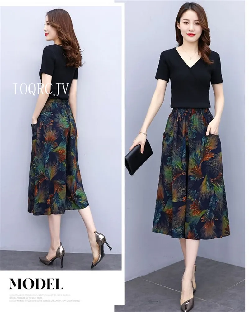 Hot New Summer Wide Leg Pants Women Ethnic Style Elastic High Waist Print Pants Female Casual Summer Calf-Length Pants Skirts