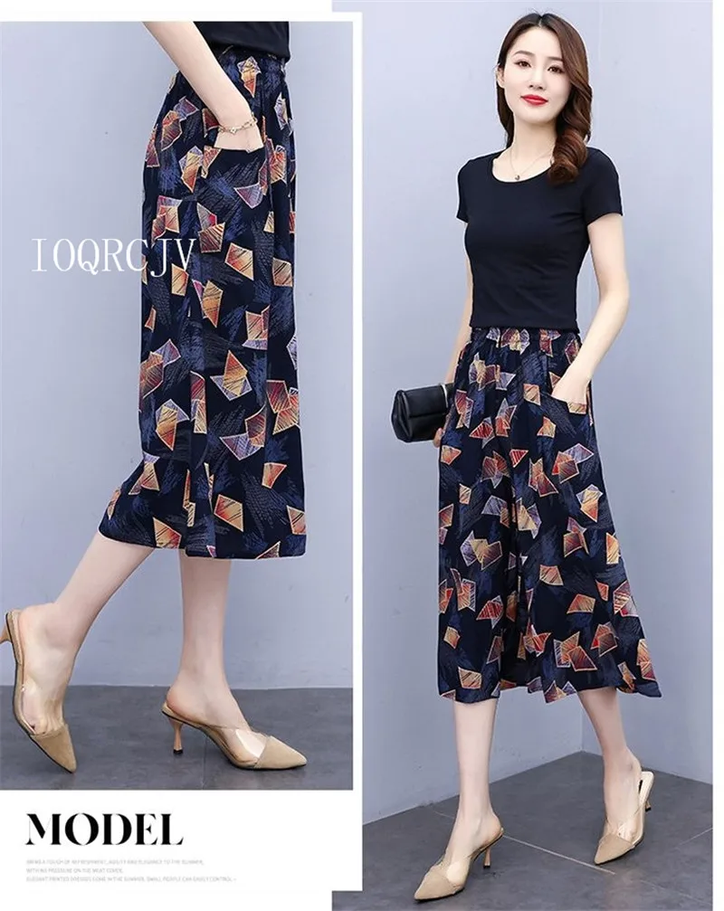 Hot New Summer Wide Leg Pants Women Ethnic Style Elastic High Waist Print Pants Female Casual Summer Calf-Length Pants Skirts