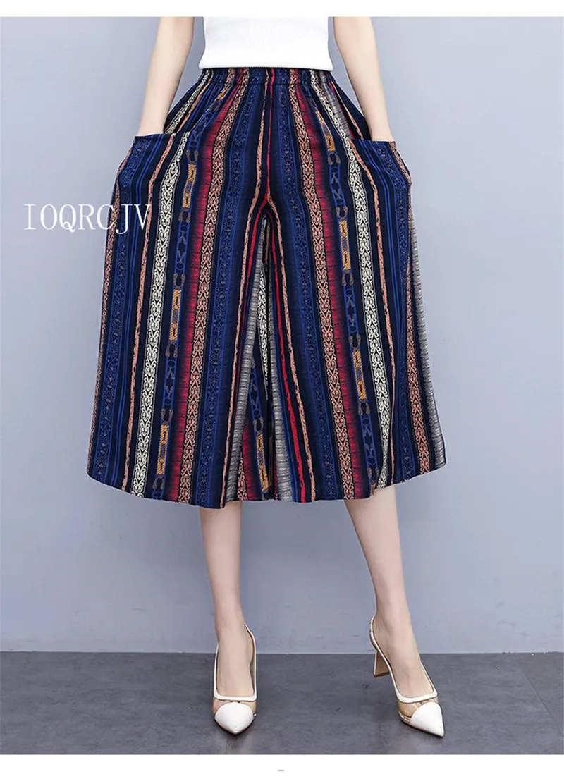 Hot New Summer Wide Leg Pants Women Ethnic Style Elastic High Waist Print Pants Female Casual Summer Calf-Length Pants Skirts