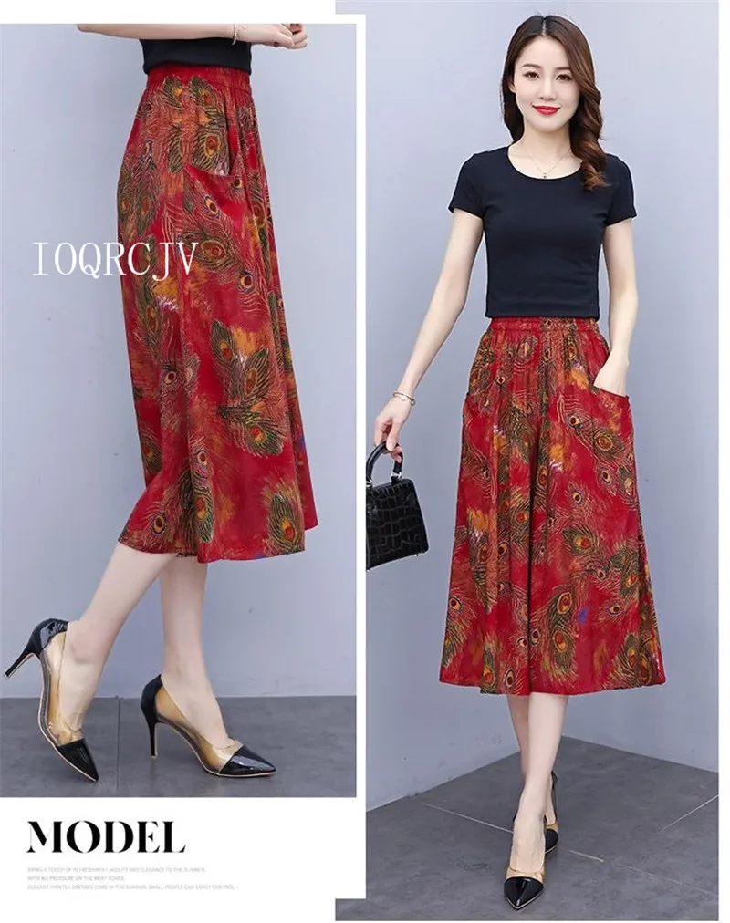Hot New Summer Wide Leg Pants Women Ethnic Style Elastic High Waist Print Pants Female Casual Summer Calf-Length Pants Skirts