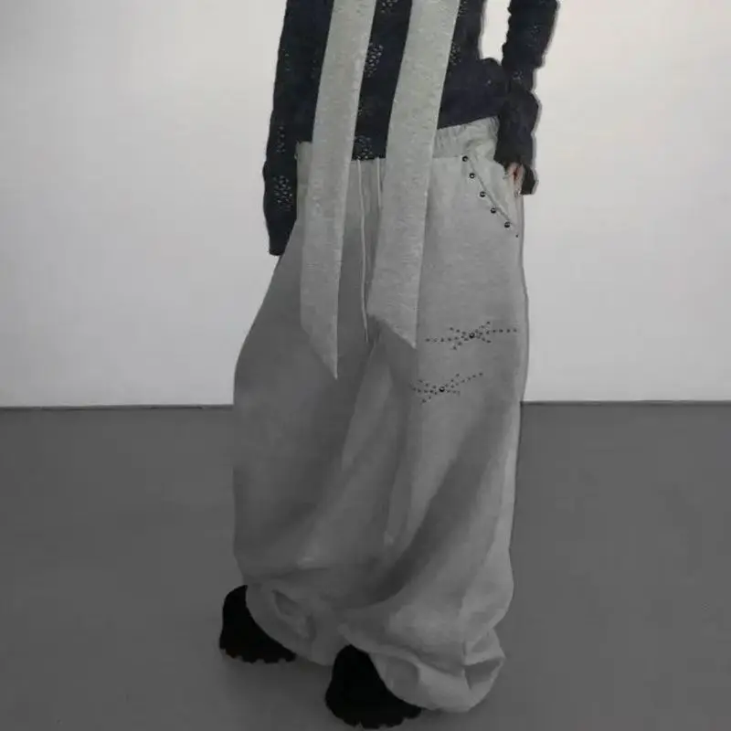 American Hip-Hop Retro Rivets Loose Wide-Leg Pants Women Black Gothic Casual Sweatpants Korean Jogging High-Waist Streetwear