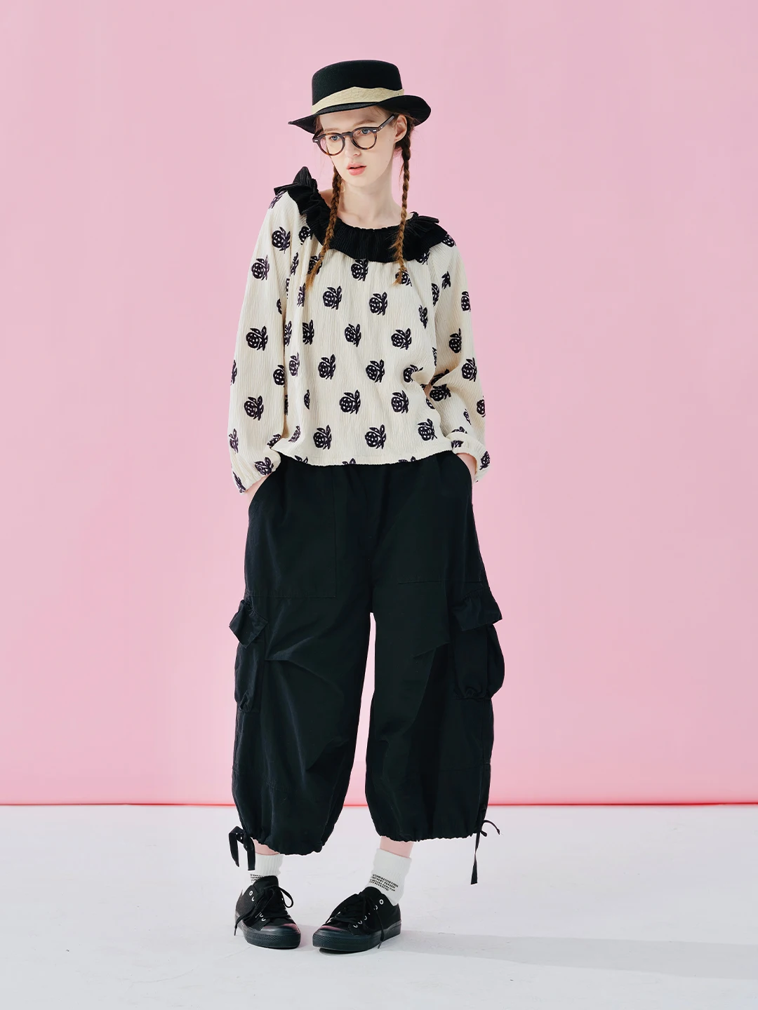 IMAKOKON Original Design Elastic Waist Pocket Black Loose Wide Leg Pants Women's Pants 244971