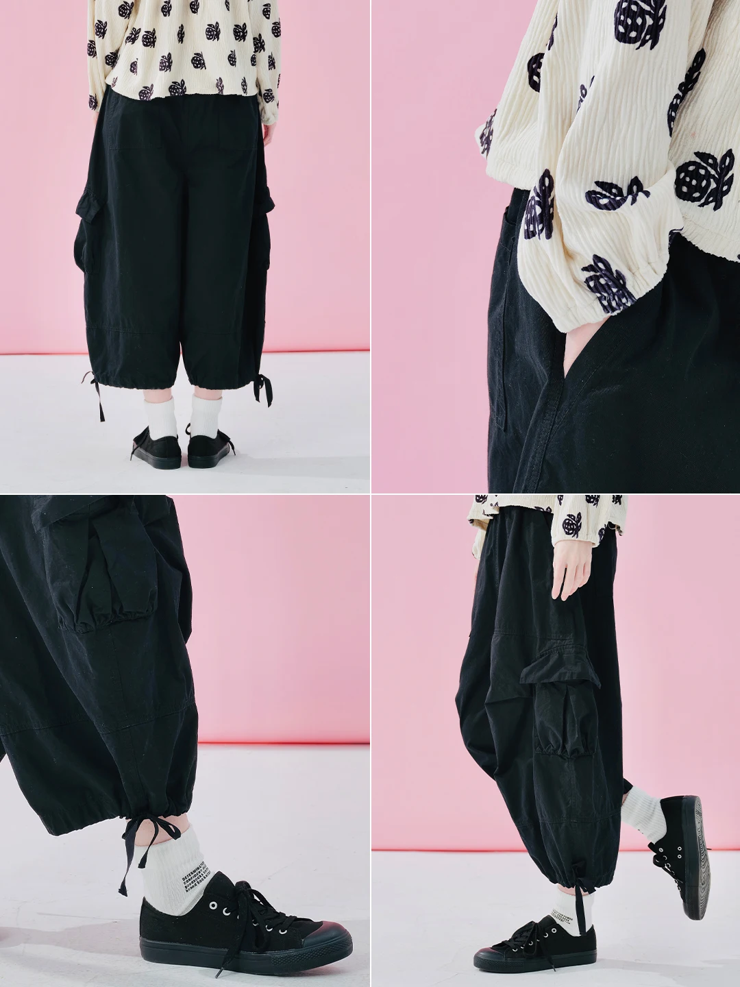 IMAKOKON Original Design Elastic Waist Pocket Black Loose Wide Leg Pants Women's Pants 244971