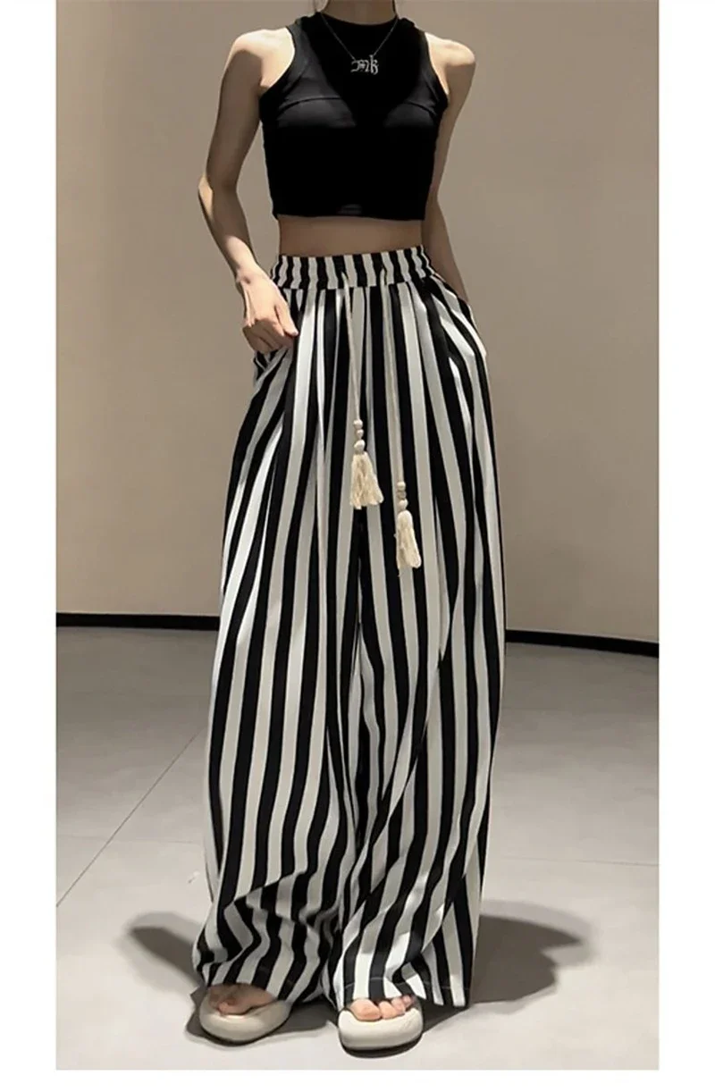Korean Casual Striped Wide Leg Pants Women High Waist Elegant Straight Trousers Vintage Lace Up Female Spring Loose Pants