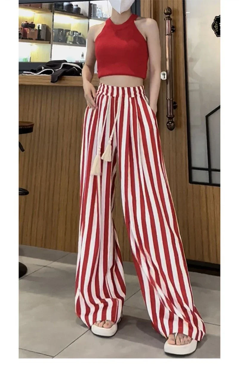 Korean Casual Striped Wide Leg Pants Women High Waist Elegant Straight Trousers Vintage Lace Up Female Spring Loose Pants