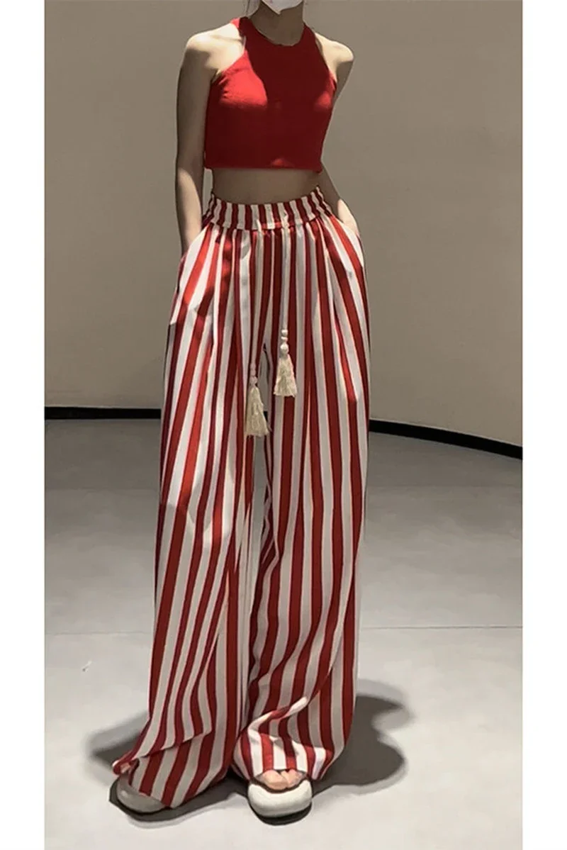 Korean Casual Striped Wide Leg Pants Women High Waist Elegant Straight Trousers Vintage Lace Up Female Spring Loose Pants