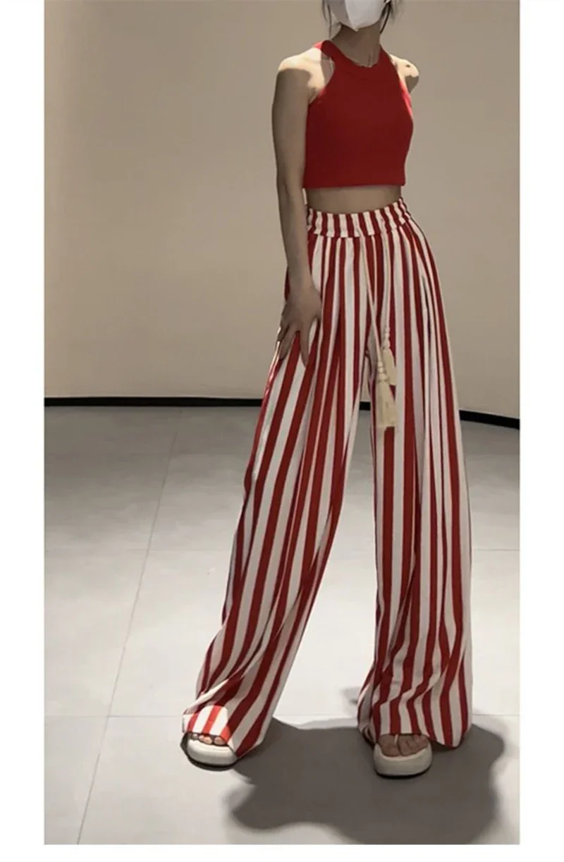 Korean Casual Striped Wide Leg Pants Women High Waist Elegant Straight Trousers Vintage Lace Up Female Spring Loose Pants