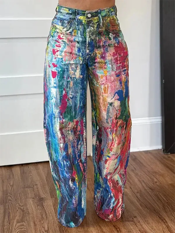 Denim Pant Women Jeans Wide Leg Long Pants Print High Waist Straight Trousers Y2k Streetwear Gothic Elegant Splice Work Casual