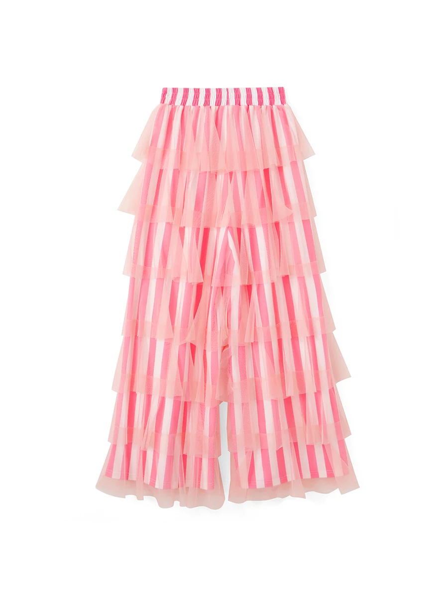 Y2K Vintage Women's Long Tiered Ruffled Tulle Pants High Waist Stripe Print Layered Mesh Wide Leg Palazzo Pants for Club Party