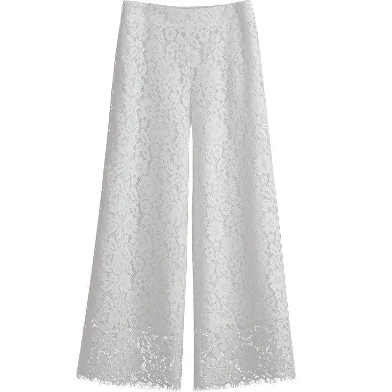 Lace Wide Leg Pants for Women 2025 New Bottoms Loose Straight Trousers High Waist Solid Color Temperament Summer Pantalon Femme