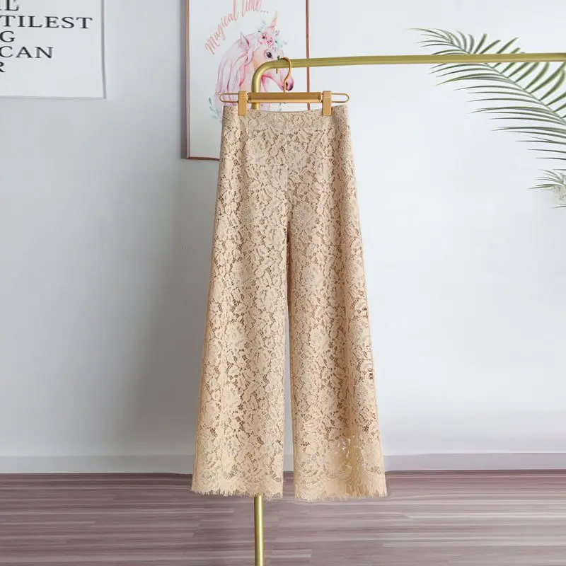 Lace Wide Leg Pants for Women 2025 New Bottoms Loose Straight Trousers High Waist Solid Color Temperament Summer Pantalon Femme