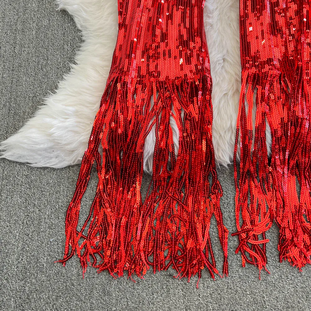 American Shinning Sequin Pantalones Mujer High Waist Tassel Solid Design Pants Women Straight Slim Wide Leg Pant Autumn Dropship