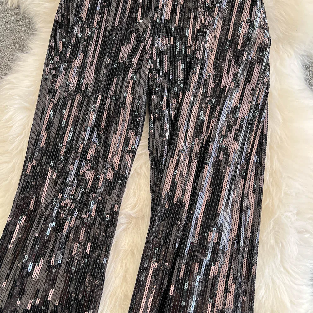 American Shinning Sequin Pantalones Mujer High Waist Tassel Solid Design Pants Women Straight Slim Wide Leg Pant Autumn Dropship