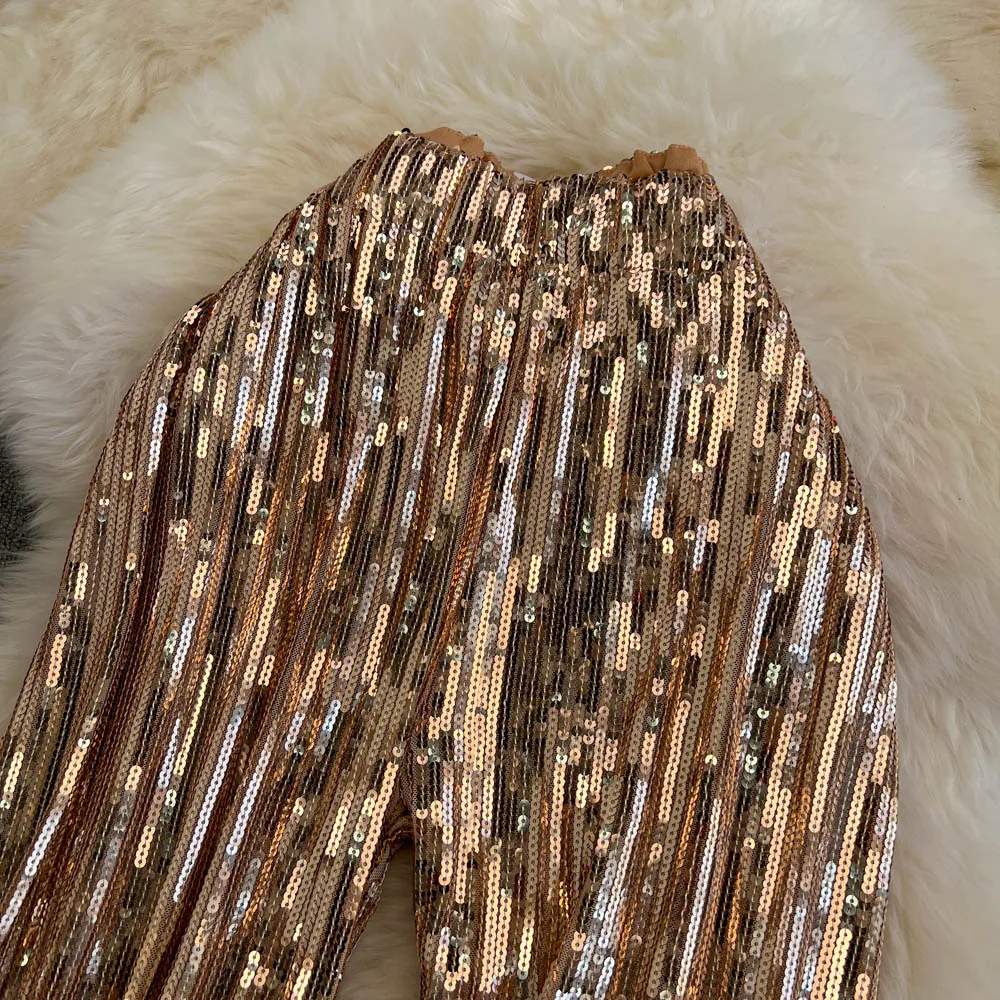 American Shinning Sequin Pantalones Mujer High Waist Tassel Solid Design Pants Women Straight Slim Wide Leg Pant Autumn Dropship