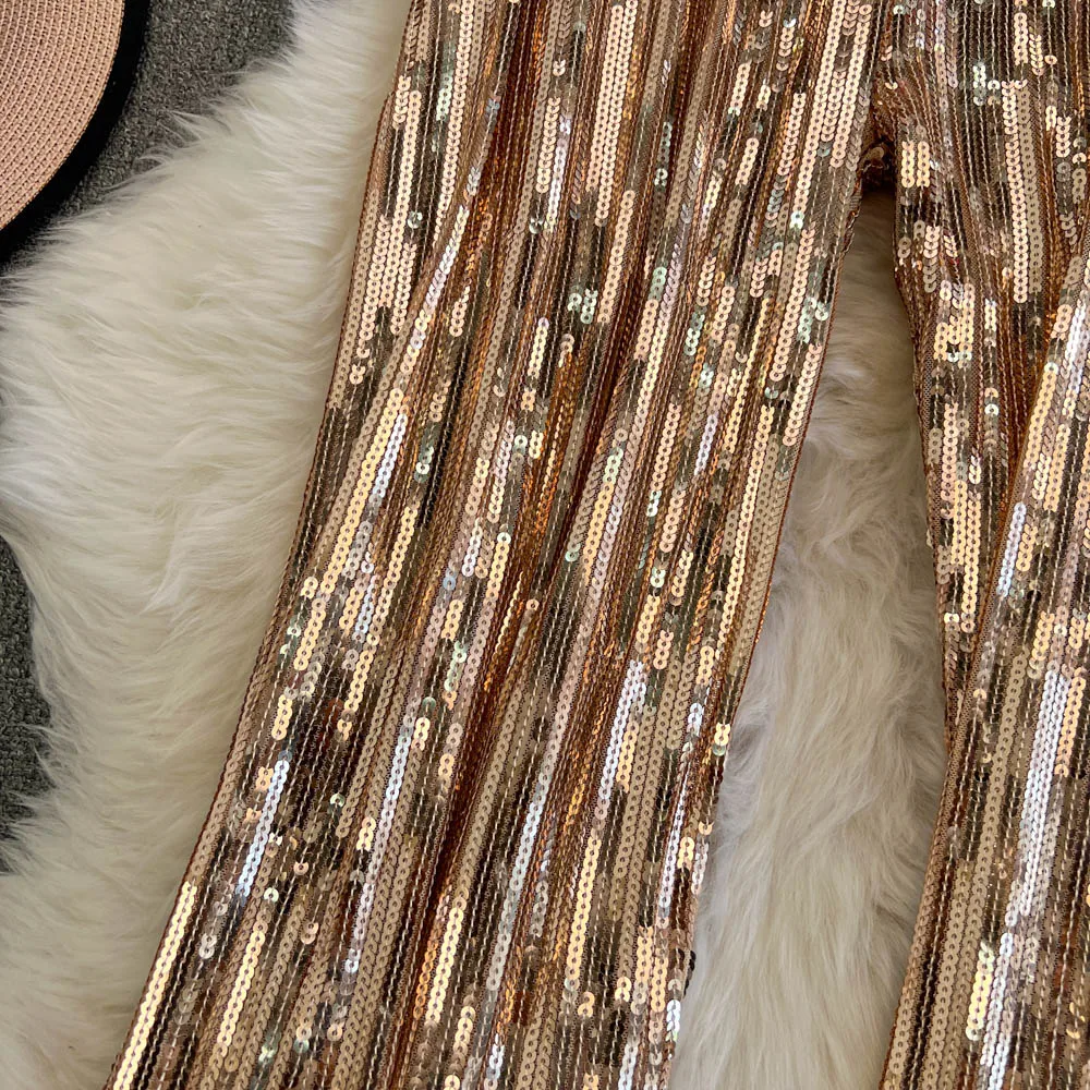 American Shinning Sequin Pantalones Mujer High Waist Tassel Solid Design Pants Women Straight Slim Wide Leg Pant Autumn Dropship