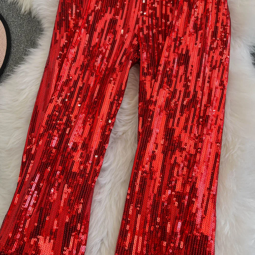 American Shinning Sequin Pantalones Mujer High Waist Tassel Solid Design Pants Women Straight Slim Wide Leg Pant Autumn Dropship