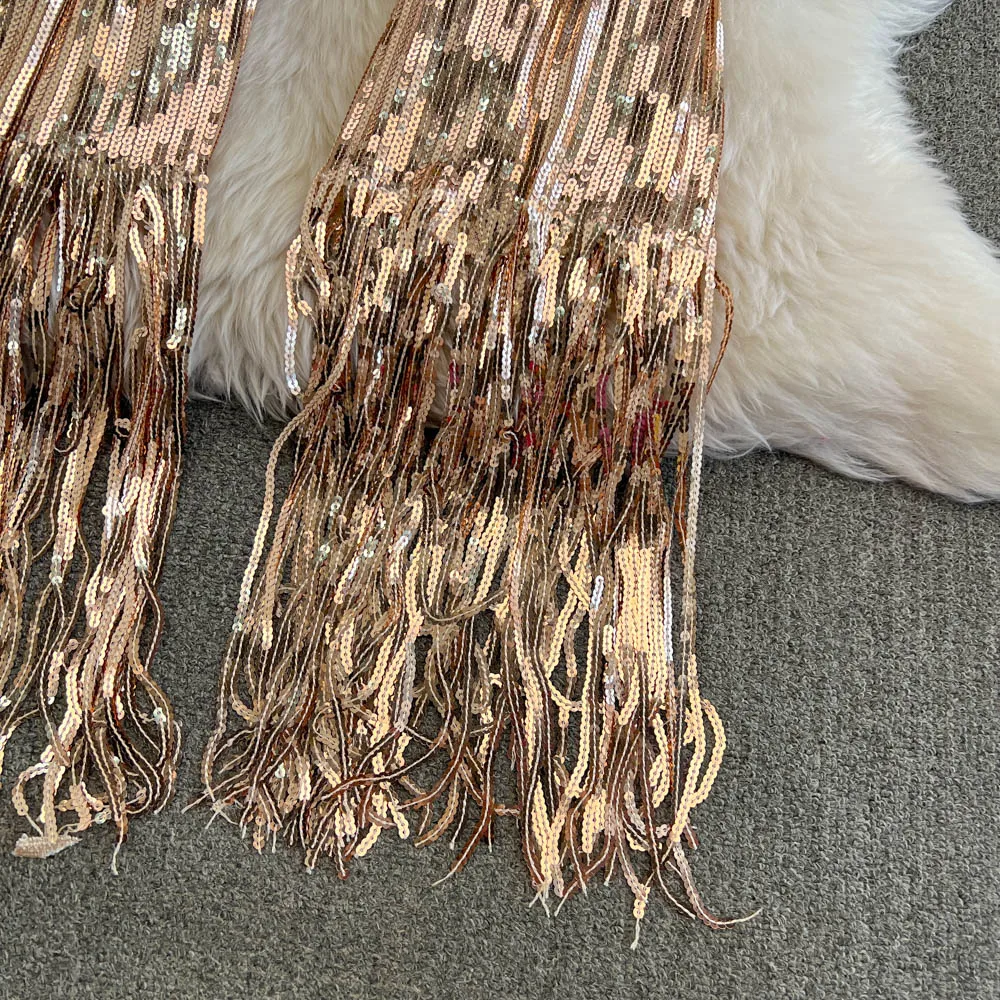 American Shinning Sequin Pantalones Mujer High Waist Tassel Solid Design Pants Women Straight Slim Wide Leg Pant Autumn Dropship