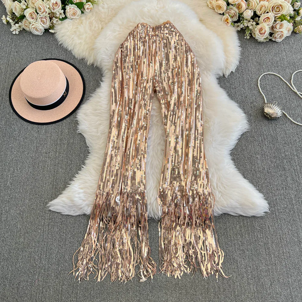 American Shinning Sequin Pantalones Mujer High Waist Tassel Solid Design Pants Women Straight Slim Wide Leg Pant Autumn Dropship