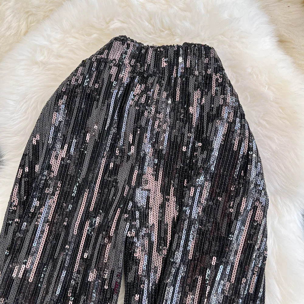 American Shinning Sequin Pantalones Mujer High Waist Tassel Solid Design Pants Women Straight Slim Wide Leg Pant Autumn Dropship