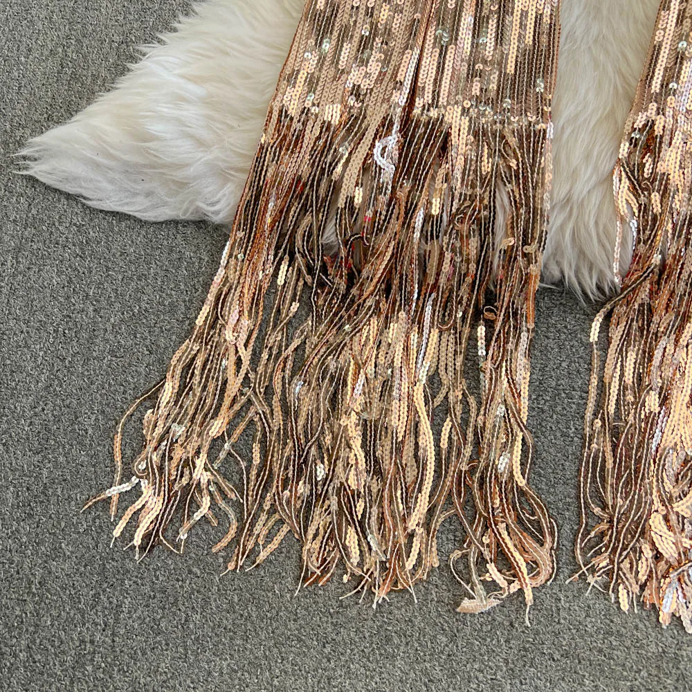 American Shinning Sequin Pantalones Mujer High Waist Tassel Solid Design Pants Women Straight Slim Wide Leg Pant Autumn Dropship