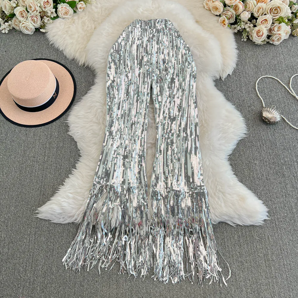 American Shinning Sequin Pantalones Mujer High Waist Tassel Solid Design Pants Women Straight Slim Wide Leg Pant Autumn Dropship