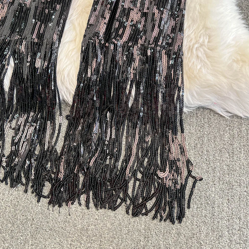 American Shinning Sequin Pantalones Mujer High Waist Tassel Solid Design Pants Women Straight Slim Wide Leg Pant Autumn Dropship