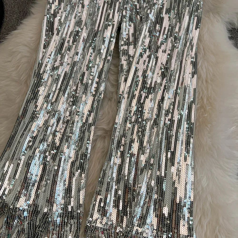 American Shinning Sequin Pantalones Mujer High Waist Tassel Solid Design Pants Women Straight Slim Wide Leg Pant Autumn Dropship