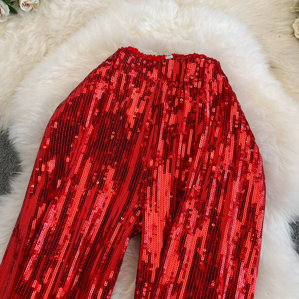 American Shinning Sequin Pantalones Mujer High Waist Tassel Solid Design Pants Women Straight Slim Wide Leg Pant Autumn Dropship