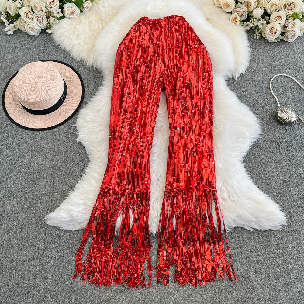 American Shinning Sequin Pantalones Mujer High Waist Tassel Solid Design Pants Women Straight Slim Wide Leg Pant Autumn Dropship